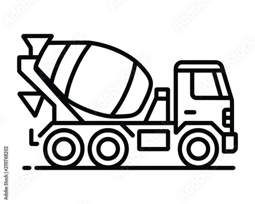 A black and white outline icon representing a heavy duty concrete mixer truck used in construction and building site industrial projects