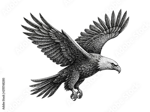 Foto Stippled Bald Eagle Illustration, Hand-Drawn Vintage Pointillism Style Flying Bi