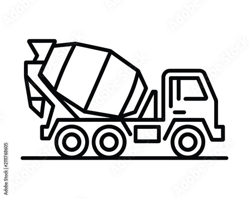 A minimalist line art icon of a cement mixer truck used in construction site transportation and industrial heavy building material logistics
