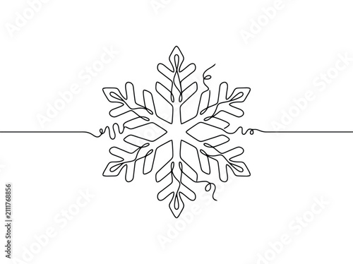 a single continuous black line drawing of a snowflake on a white background with a winter feeling