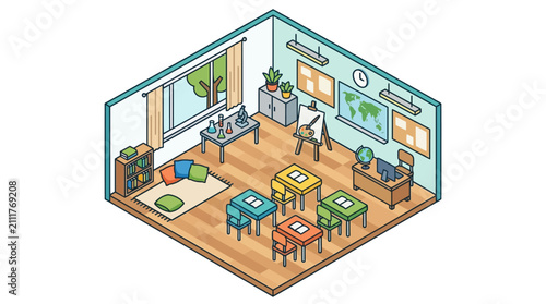 A colorful isometric illustration of an empty school classroom