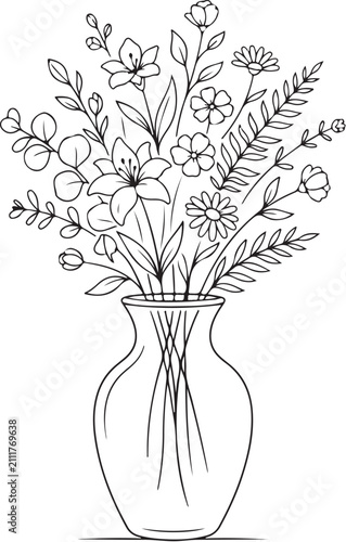 Minimalist wildflower bouquet in glass vase vector, hand drawn floral line art illustration, botanical sketch for coloring book or wedding decor