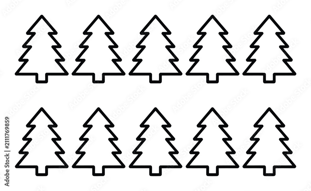 Obraz premium 白背景にシンプルな黒い輪郭のクリスマスツリー10本を並べたパターン