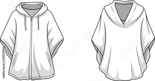 Foto Hooded poncho sketch, zip front, V-neck cape, fashion flat, garment design, CAD