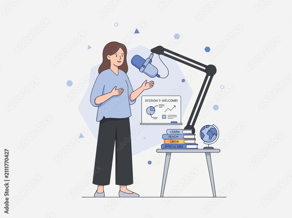 Fototapeta premium A woman presents online education while teaching learning concepts with digital media and a globe