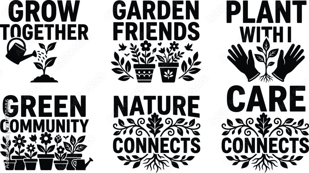 Obraz premium Premium black and white silhouette collection set of gardening quotes and botanical illustrations for creative design projects