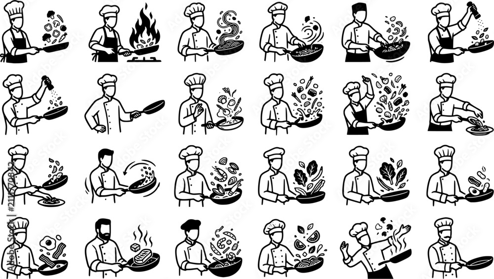 Fototapeta premium Professional Chef Cooking Action Icons Set with Frying Pans, Food Tossing, Seasoning and Culinary Preparation in Black and White
