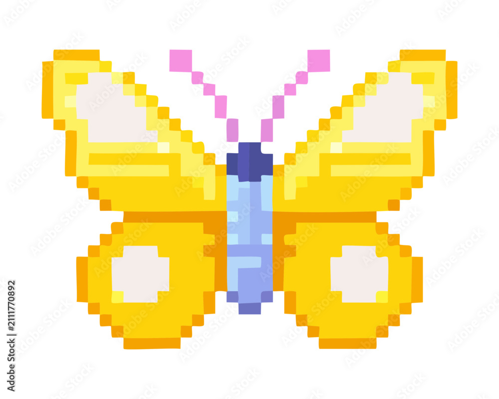 Obraz premium Pixel art illustration of vibrant yellow butterfly character winged insect nature graphic element retro digital video game design asset vector