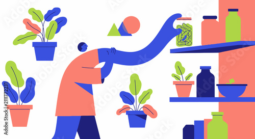 Man reaching for jar of pickles on shelf with plants, flat vector.
