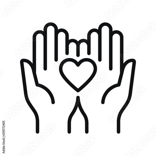 Black outline icon of two human hands holding a heart shape symbol