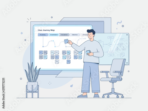 Man planning user journey map with sticky notes and charts while working in office environment