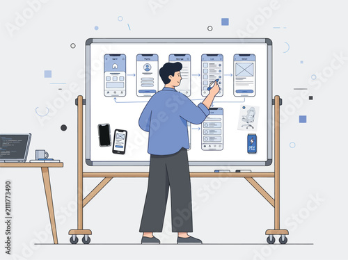 Man planning app interface flow and user experience while drawing on whiteboard with laptop nearby