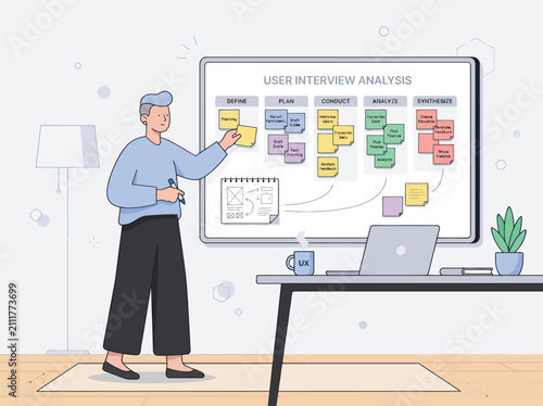 Man leads user interview analysis with whiteboard sticky notes and laptop while planning projects
