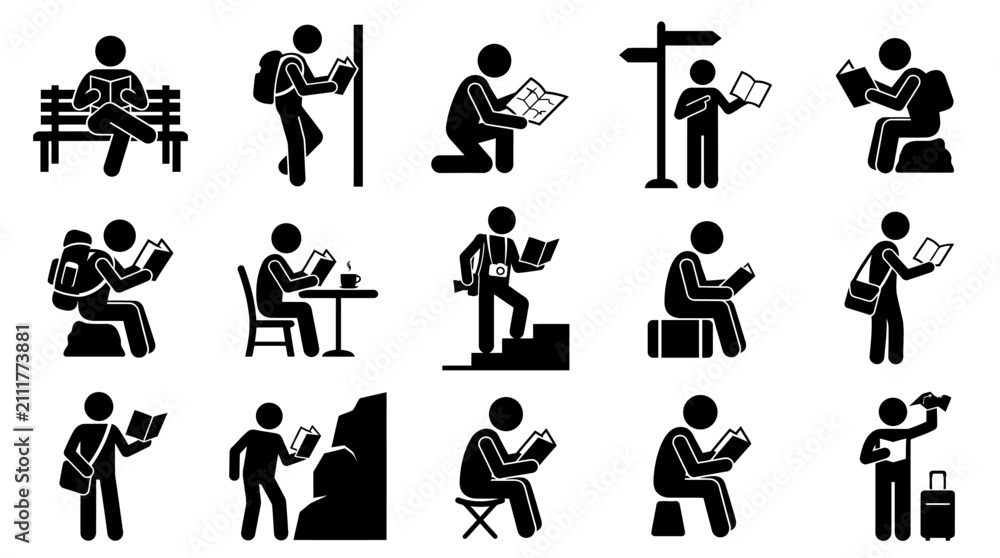 Obraz premium Stick figures engaged in reading activities in diverse settings.