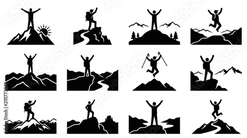 Bild auf Leinwand Collection of Silhouettes of People Conquering Mountain Peaks and Celebrating Success