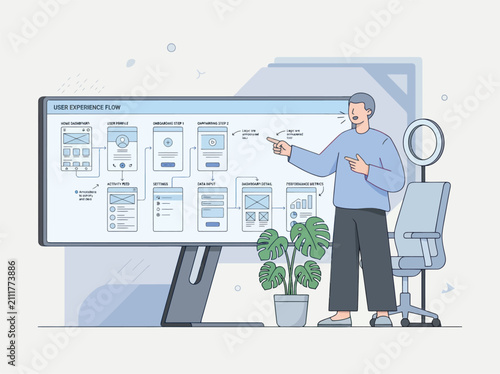 A man presents a user experience flow chart while explaining design while a plant sits nearby in an office setting