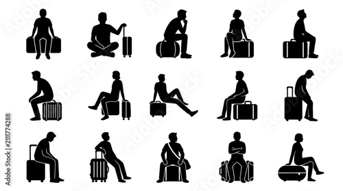 Schilderij op canvas People sitting on luggage waiting for travel departure or arrival