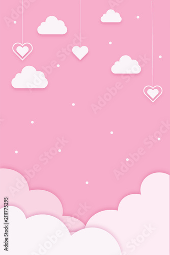 Vector dangling hearts cloud wave pink background