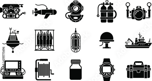 фотографія Premium black and white silhouette collection set of professional scuba diving e
