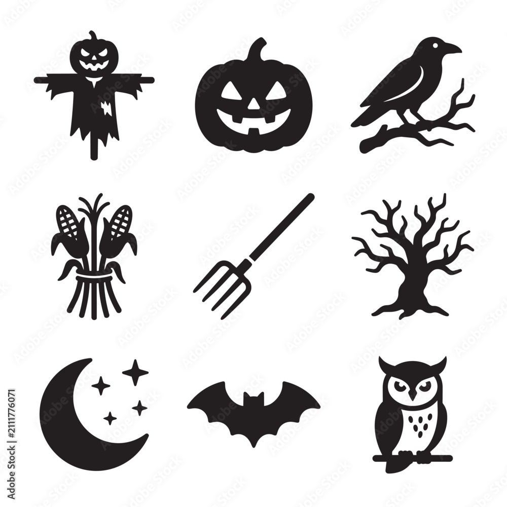 Fototapeta premium Black and white halloween-themed decorative pumpkin, bat, spider, and more