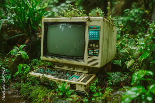 Abandoned Vintage Computer Overgrown With Moss And Lush Tropical Greenery In A Damp Forest Setting