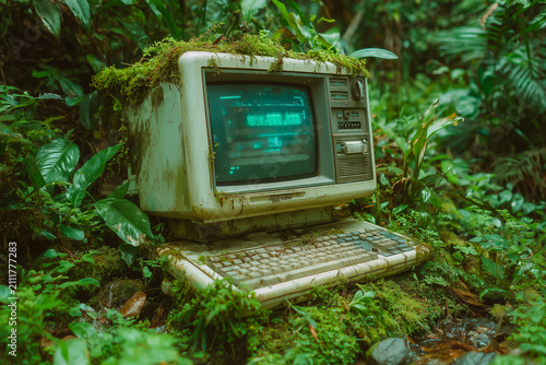 Abandoned Vintage Computer Overgrown With Moss And Lush Tropical Foliage In A Dense Rain Forest Setting