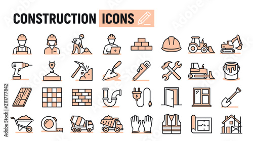 Set of construction icons featuring building tools equipment and architecture elements in a simple modern line style for professional engineering and renovation projects