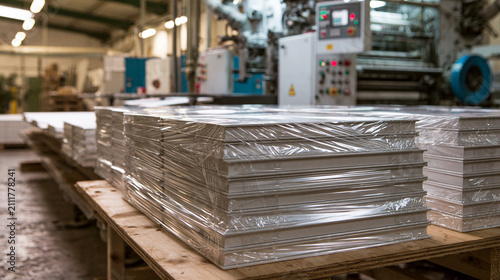 Stacked pallets of paper cardboard sheets wrapped in plastic foil inside industrial packaging manufacturing factory warehouse.