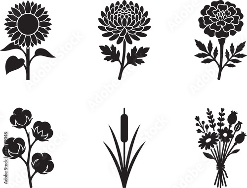 Autumn flowers and plants icon set with sunflower and chrysanthemum