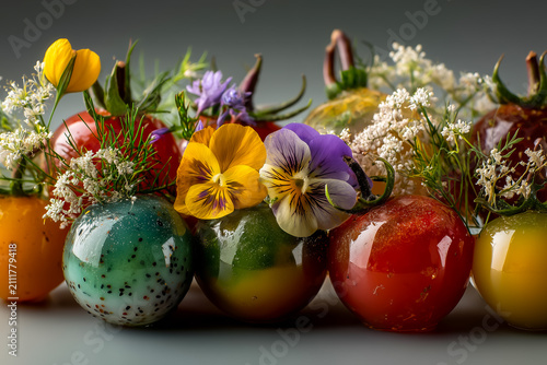 Assorted Colorful Shiny Tomatoes Decorated With Vibrant Pansy Flowers And Tiny White Wildflowers