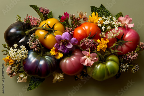 Assorted Colorful Heirloom Tomatoes Arranged With Fresh Spring Flowers On A Pale Green Background