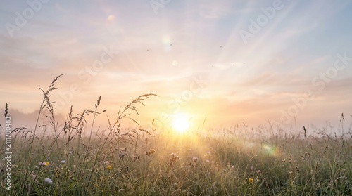 Golden morning sunlight illuminating dew covered wildflowers within a serene misty meadow landscape setting with sunrise casting radiant grasses small blooming