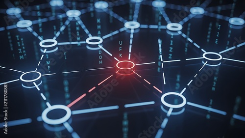 Abstract digital network visualization with a central node highlighted in red, illustrating data connections and potential vulnerabilities