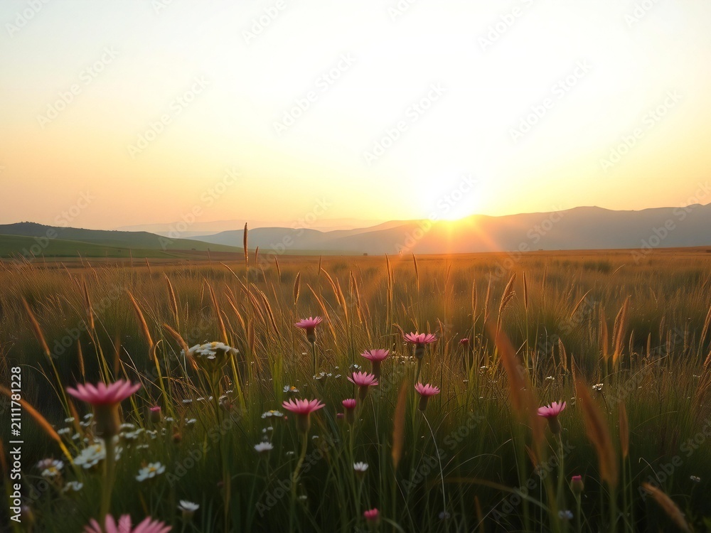 Naklejka premium Sunset over wildflower field