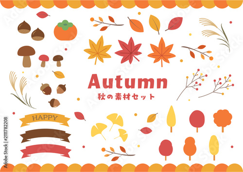 фотографія 秋の素材セット 秋素材　ベクターイラスト 　紅葉 イチョウ 落ち葉 ススキ どんぐり 栗 柿 きのこ 木 枝 リボン