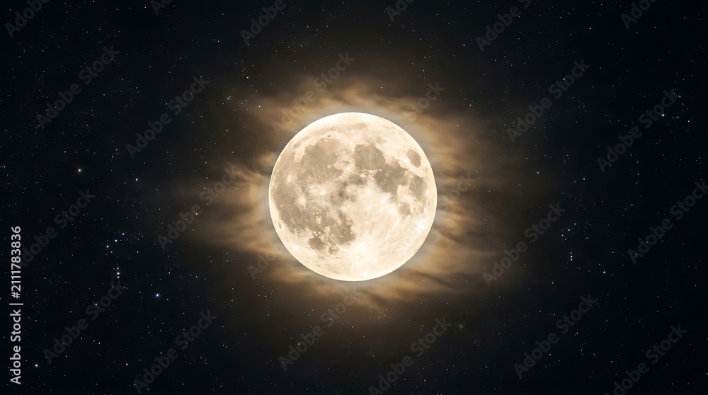 Fototapeta premium Full moon in the night sky. Glowing lunar surface with stars and wispy clouds.