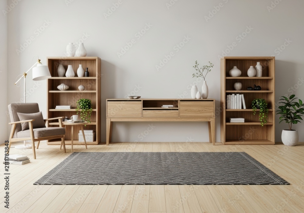 Fototapeta premium Modern living room furniture set with shelves, sideboard, and rug