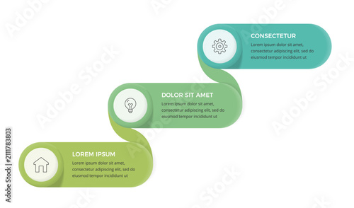 Infographic template featuring staircase diagram layout with a winding ribbon connecting three horizontal banners, ideal for process presentations or presenting sequential growth