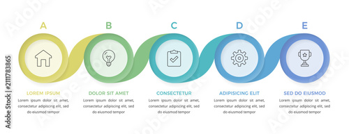 Infographics template with five circular steps connected by a flowing wavy lines, ideal for presenting sequential business workflows or project stages