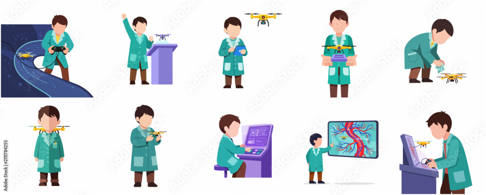 Fototapeta premium Young scientist character set with drones for technology and medical research vector illustration