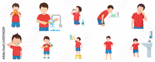 Canvas Print Set of little boy character icons performing daily oral hygiene routine, brushing teeth, rinsing mouth, and washing face for dental health care education vector illustration