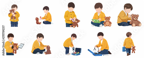 Quadro su tela Illustrations of a young boy playing doctor with a teddy bear, using a stethoscope and medical kit for pretend play