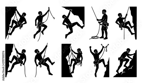 Rock Climbing Sports Silhouette Collection Featuring Professional Climbers Rope Techniques and Mountain Adventure Activities