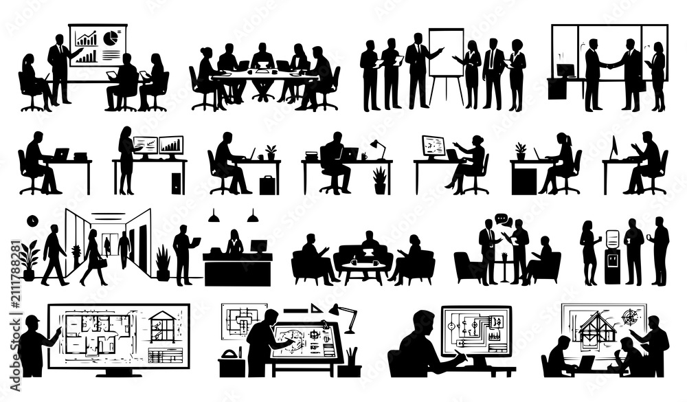 Fototapeta premium Business Meeting, Office Presentation and Corporate Teamwork Silhouette Vector Collection for Professional Workplace Illustrations