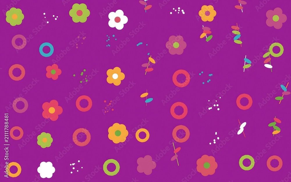 Fototapeta premium Colorful abstract flowers and shapes on purple background