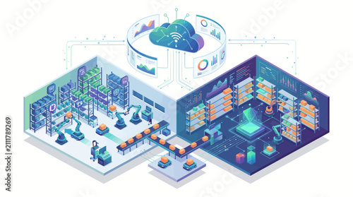 Isometric Smart Factory and Warehouse with Cloud Computing Integration.