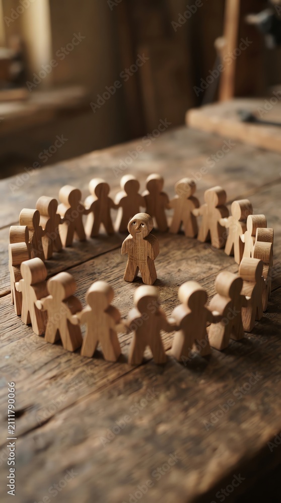 Obraz premium Wooden Human Figures Circle with Small Central Figure on Rustic Table.