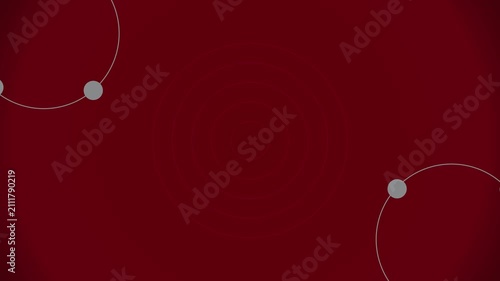 Abstract red background with smooth orbital lines and circular nodes creating a clean, modern motion design. Ideal for technology visuals, network concepts, digital connections presentations.