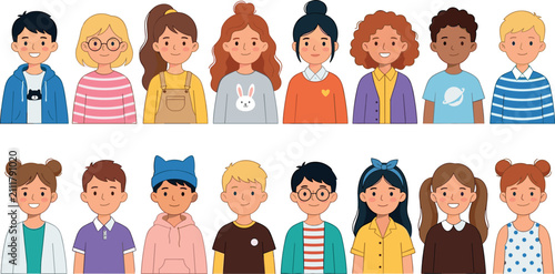 Konstfotografi Diverse Kids Portrait Set, Boys and Girls with Different Hairstyles and Clothes,