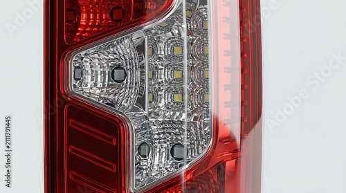 Close-up detail of rescue van taillights featuring high-intensity led lighting technology on a modern emergency vehicle against a clean white background